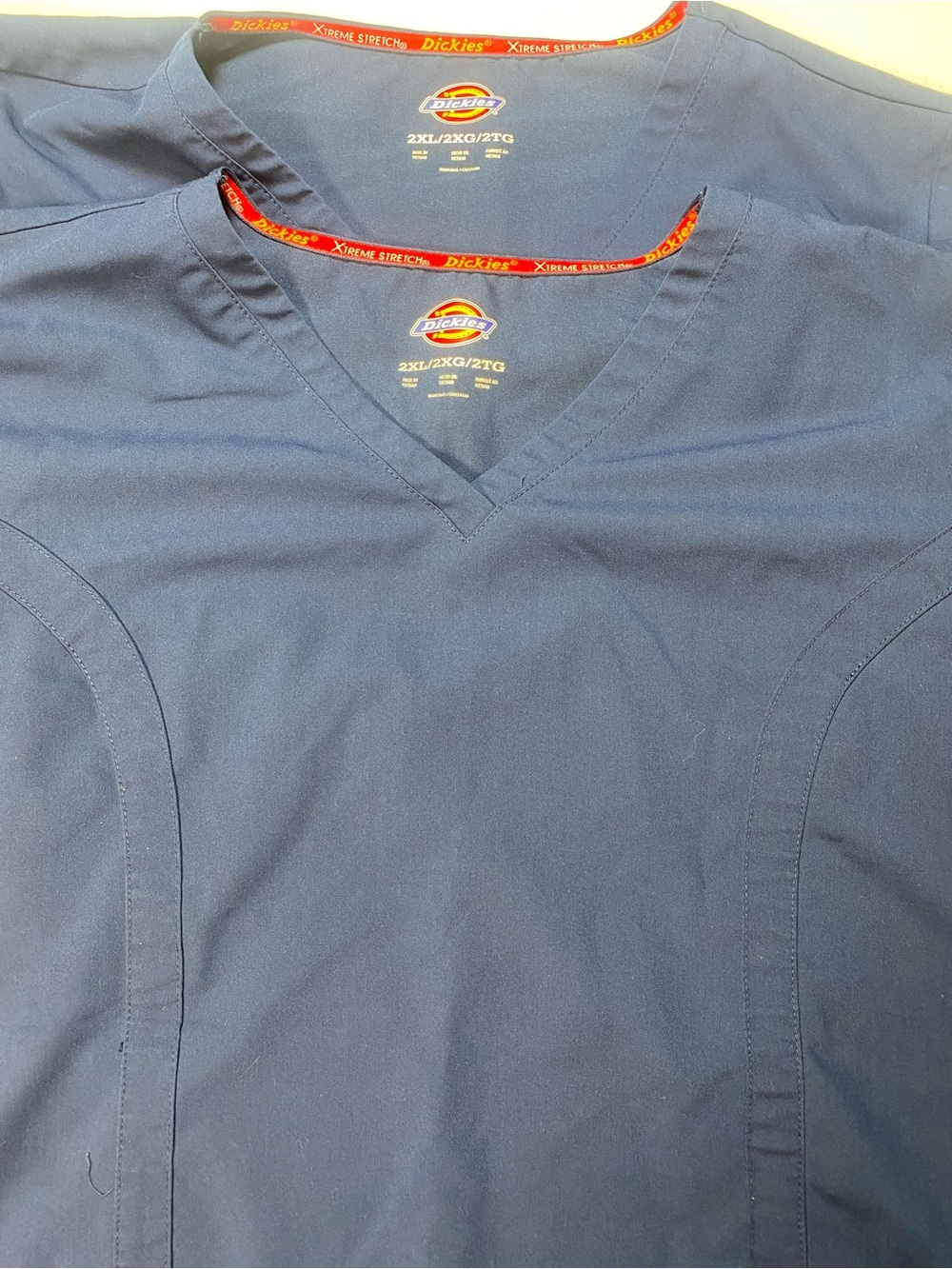 Two Dickies Navy V-Neck Xtreme Stretch  Short Sleeve Scrub Top 2XL